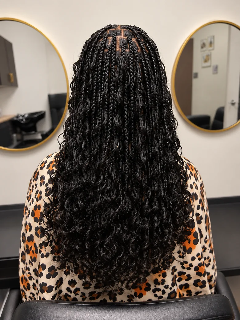 Boho knotless braids with long curls, back view