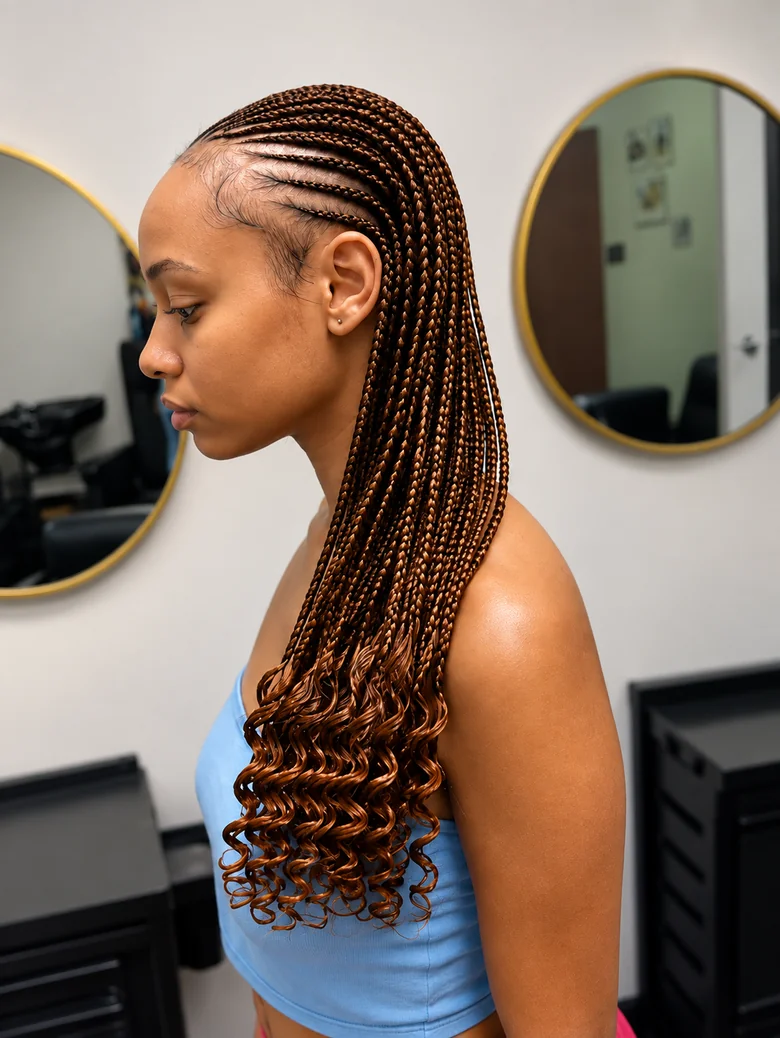Feed-in braids flowing into loose curls, side view