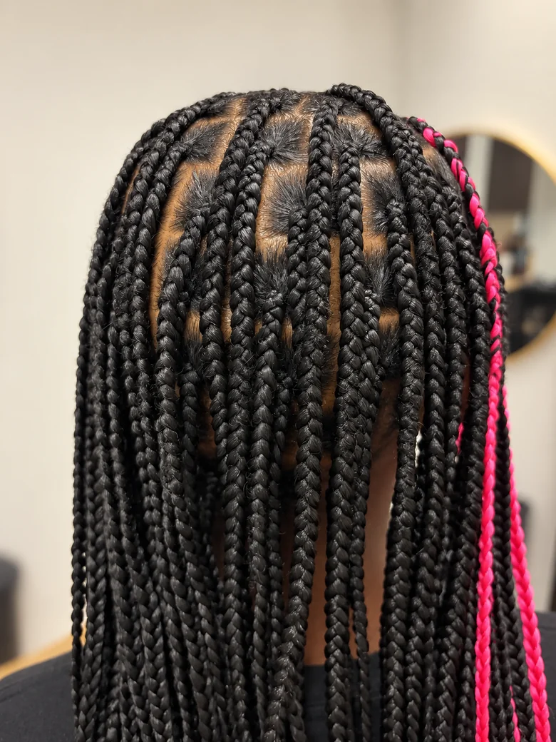 Box braids with a pink accent strand