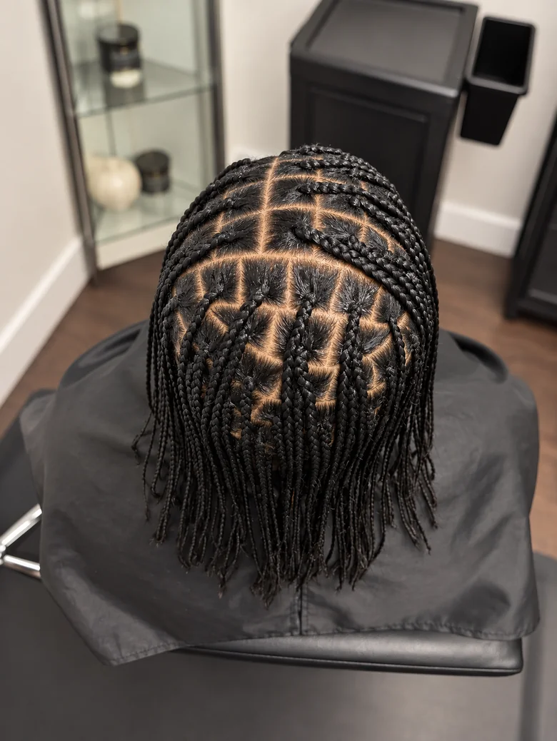 Knotless braids from above, clean square parting