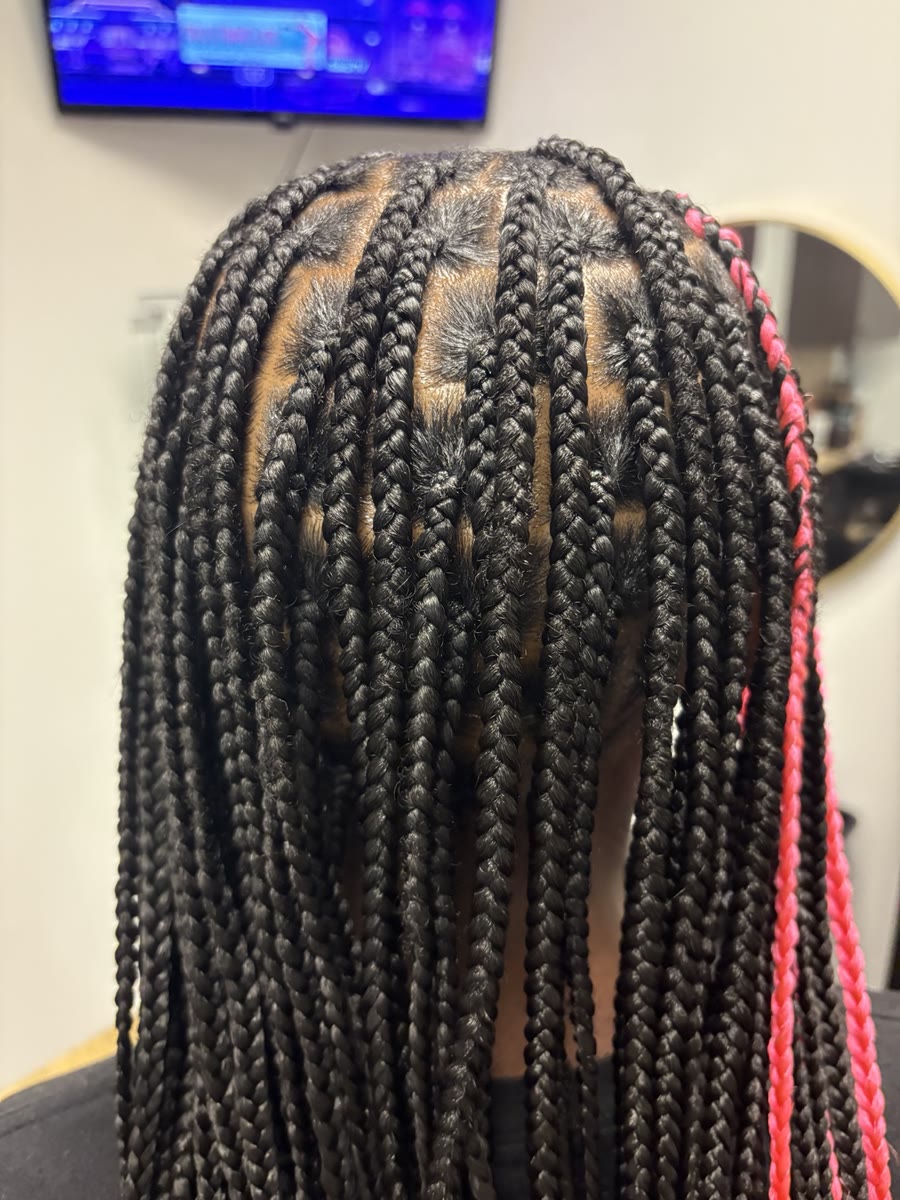 Knotless braids with a pink accent braid
